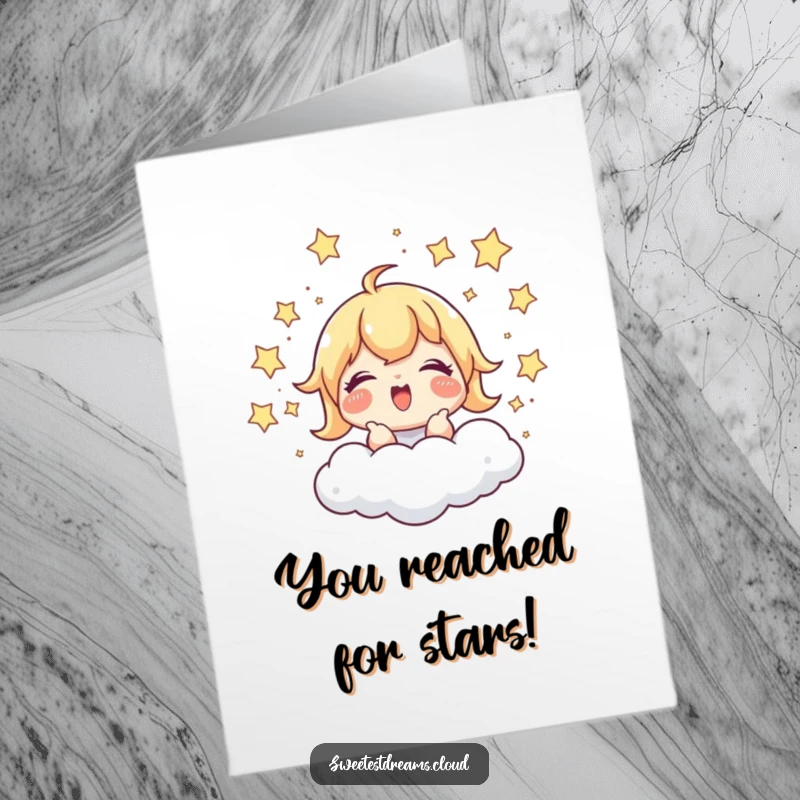 Funny Free Printable Congratulations Card: Character giggling with delight while chasing shimmering stars around a cloud. Fun download.