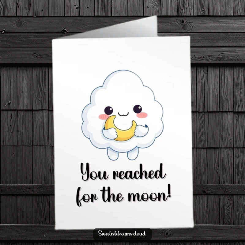 Funny Free Printable Congratulations Card: Cheerful cloud character presenting the crescent moon like a proud trophy.