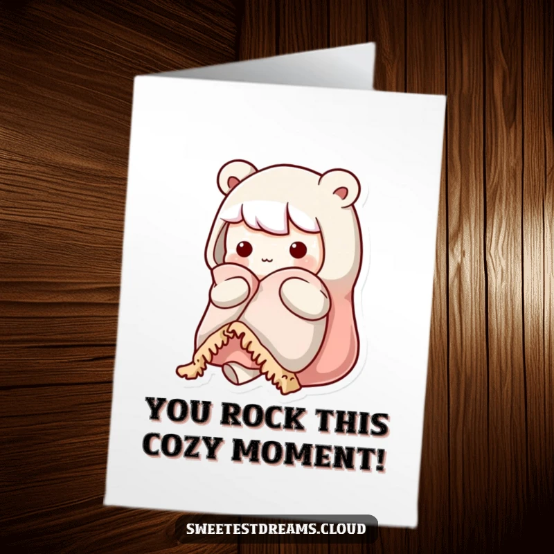 Funny Free Printable Congratulations Card: A kawaii character radiates warmth, holding a plush blanket in a cozy pose.