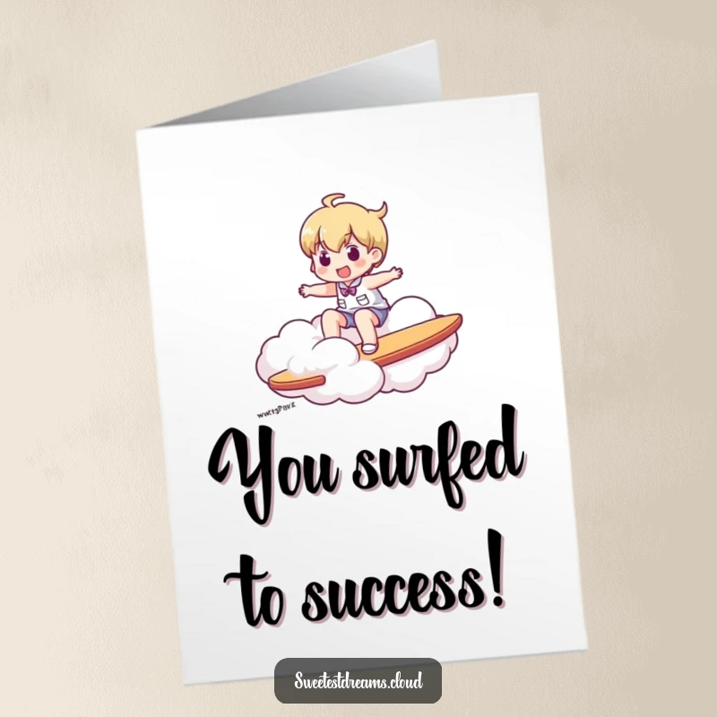 Funny free printable congratulations card of a character breezing by on a cloud, surfing it like a surfboard in celebration.