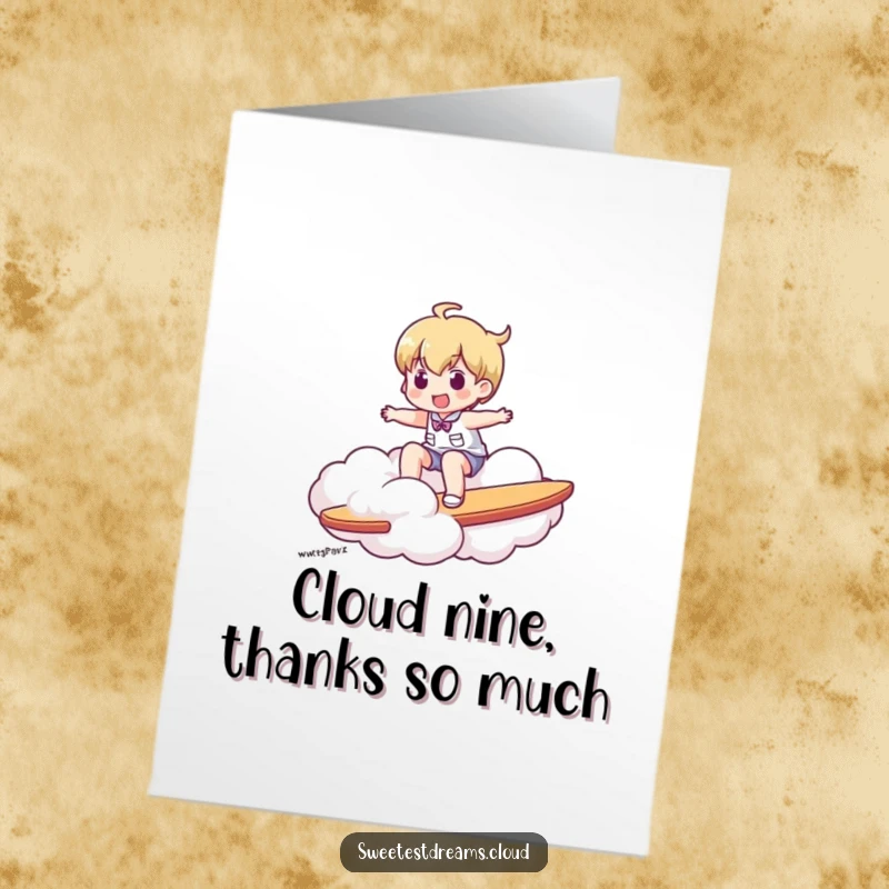 Funny free printable thank you card featuring a character expertly surfing a fluffy cloud, conveying thanks with a sense of adventure.