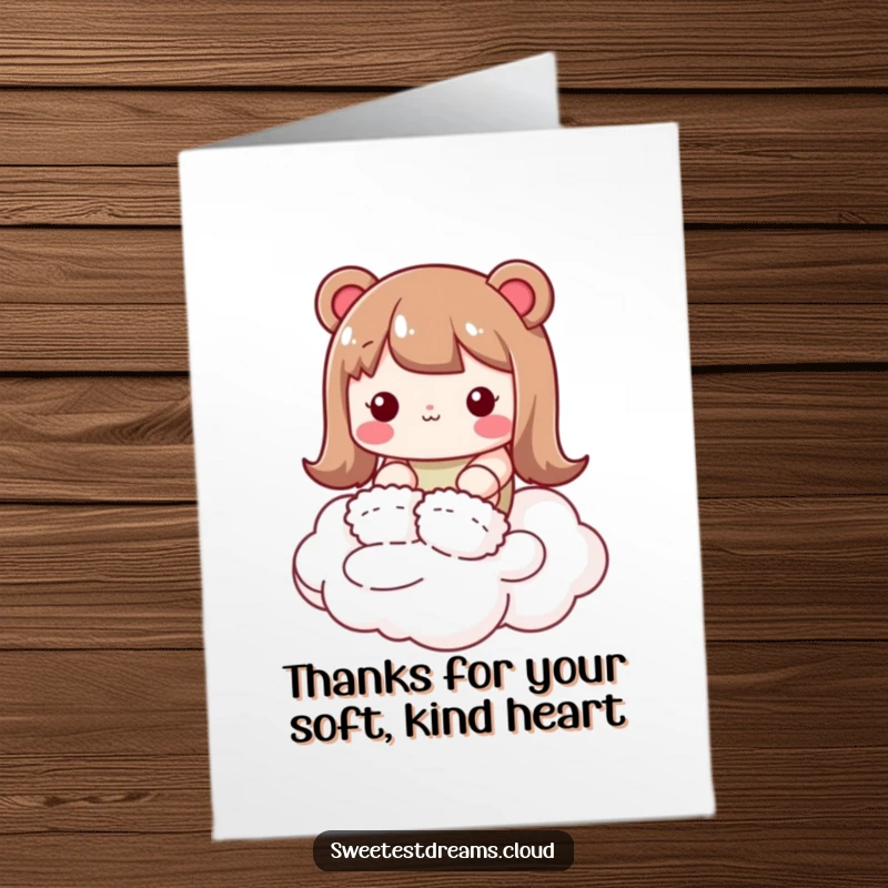 Free Printable Thank You Card: Cute kawaii character in fluffy slippers, tiptoeing on a cloud, offering quiet and cozy thanks.