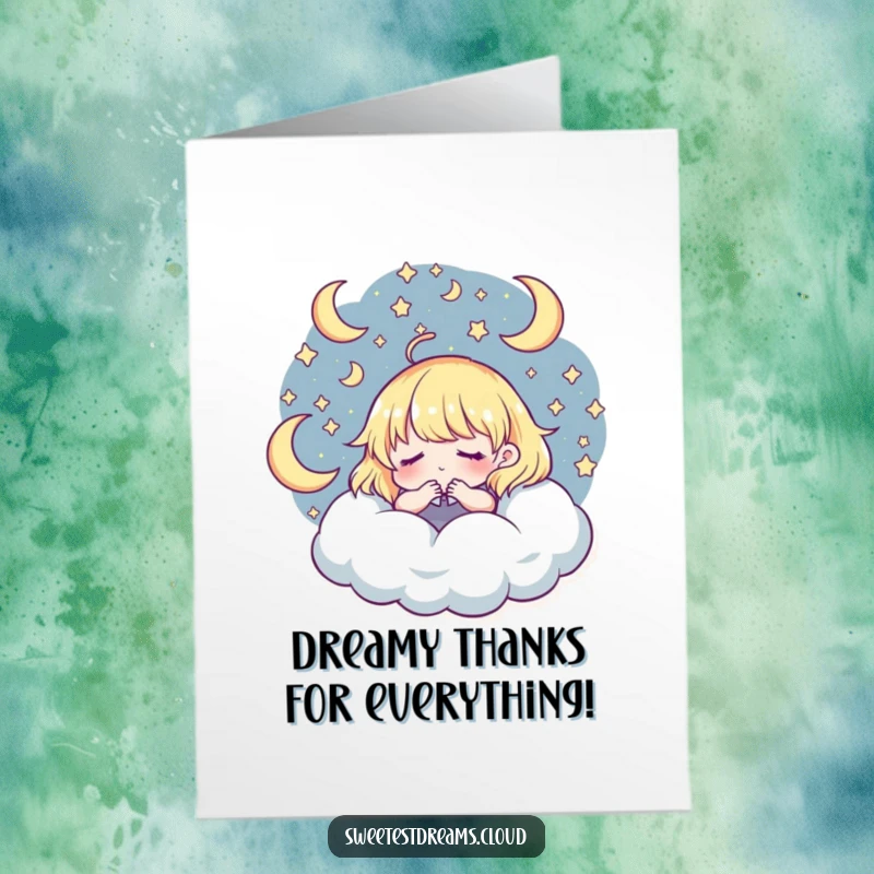 Funny Free Printable Thank You Card with a dreaming character surrounded by stars, expressing heartfelt gratitude with a gentle touch.