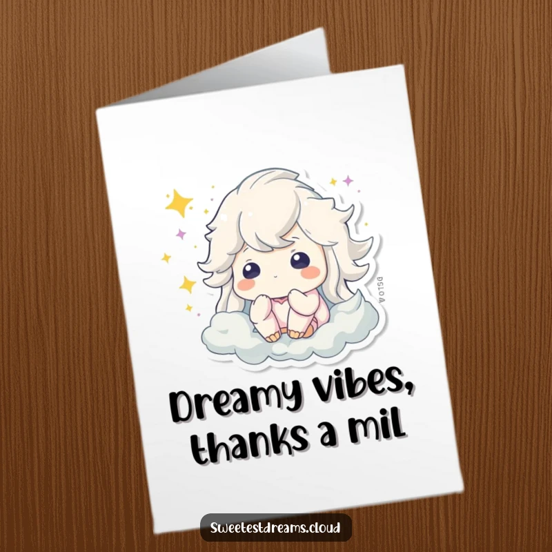 Funny free printable thank you card showcasing a character dreaming peacefully amidst swirling sparkling dust, a unique expression of thanks.