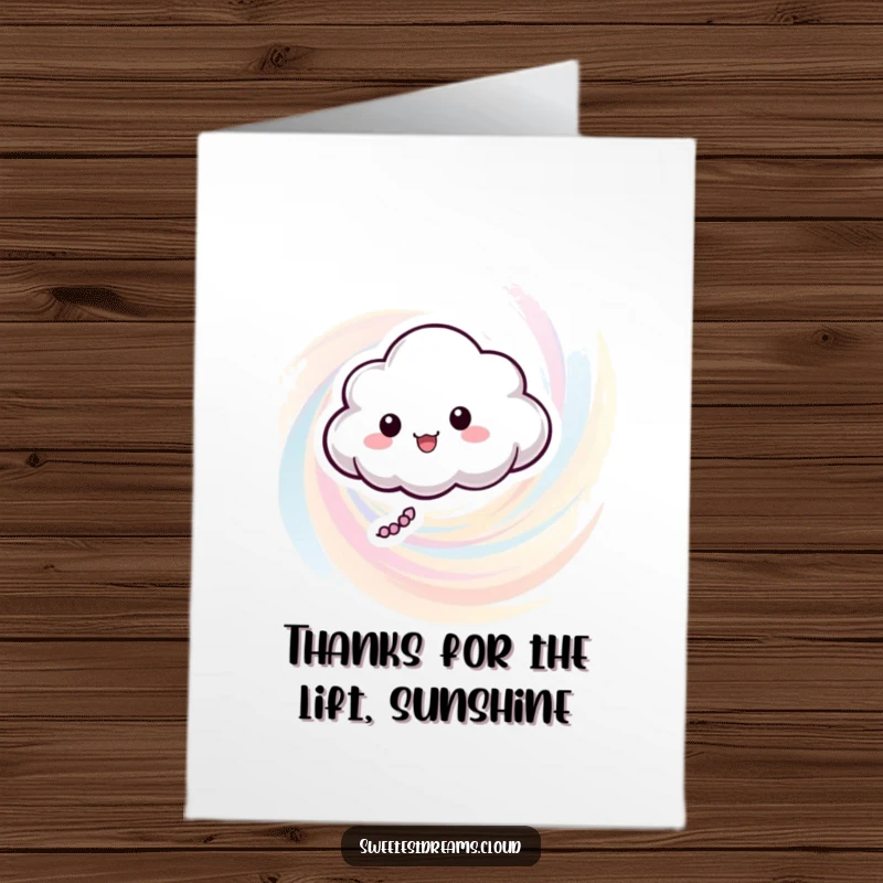 Funny Free Printable Thank You Card showing a happy cloud character swirling in pastel colors. Ideal for a downloadable gift.