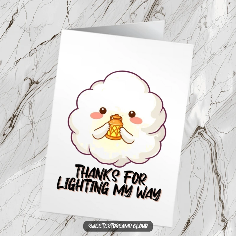 Funny Free Printable Thank You Card: Cloud creature holding a small glowing lantern, a symbol of thanks.