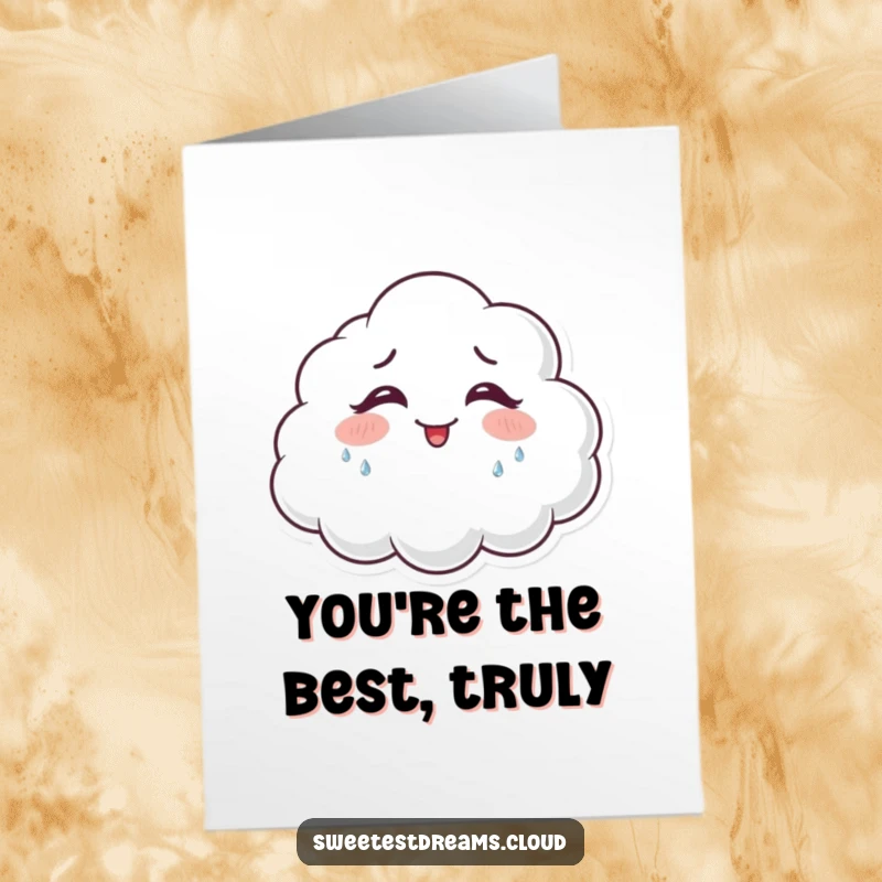 Funny Free Printable Thank You Card: A joyful cloud character is giggling so hard it cries glittery tears.