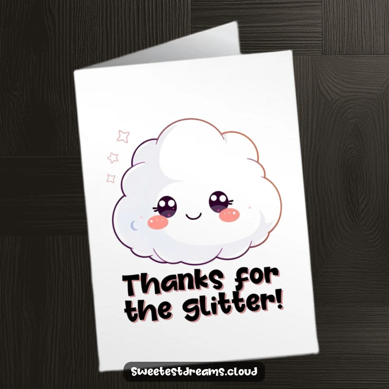 Funny Free Printable thank you card featuring a happy cloud character showering glitter, conveying thanks with a whimsical touch.