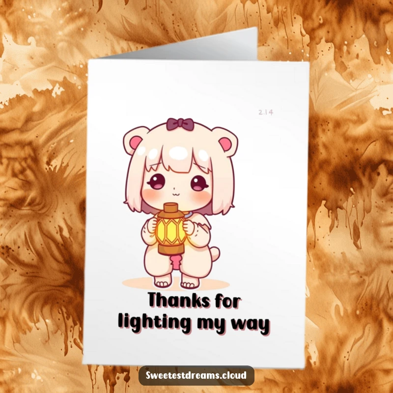 Funny Free Printable Thank You Card: A kawaii character holds a miniature, softly glowing lantern, symbolizing appreciation.