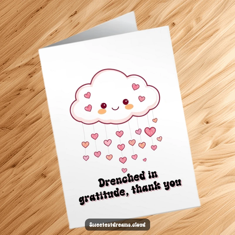 Funny Free Printable Thank You Card showing a friendly cloud raining tiny, glistening hearts, conveying sincere thanks with love.