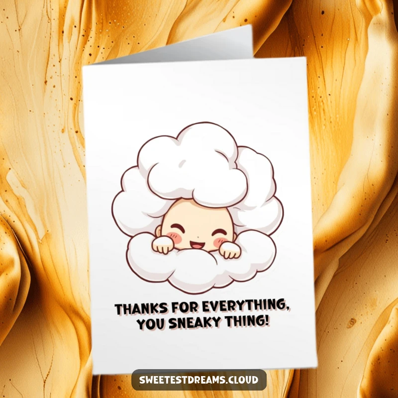Funny Free Printable Thank You Card: Character peeking with mischievous grin from behind a cumulus cloud, a sly and downloadable thanks.