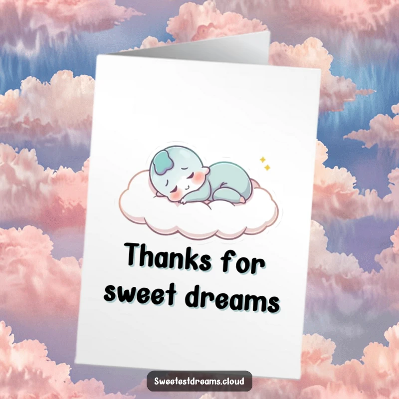 Funny Free Printable Thank You Card: Smiling character sleeping soundly on a cloud, conveying peaceful thanks. Downloadable art.