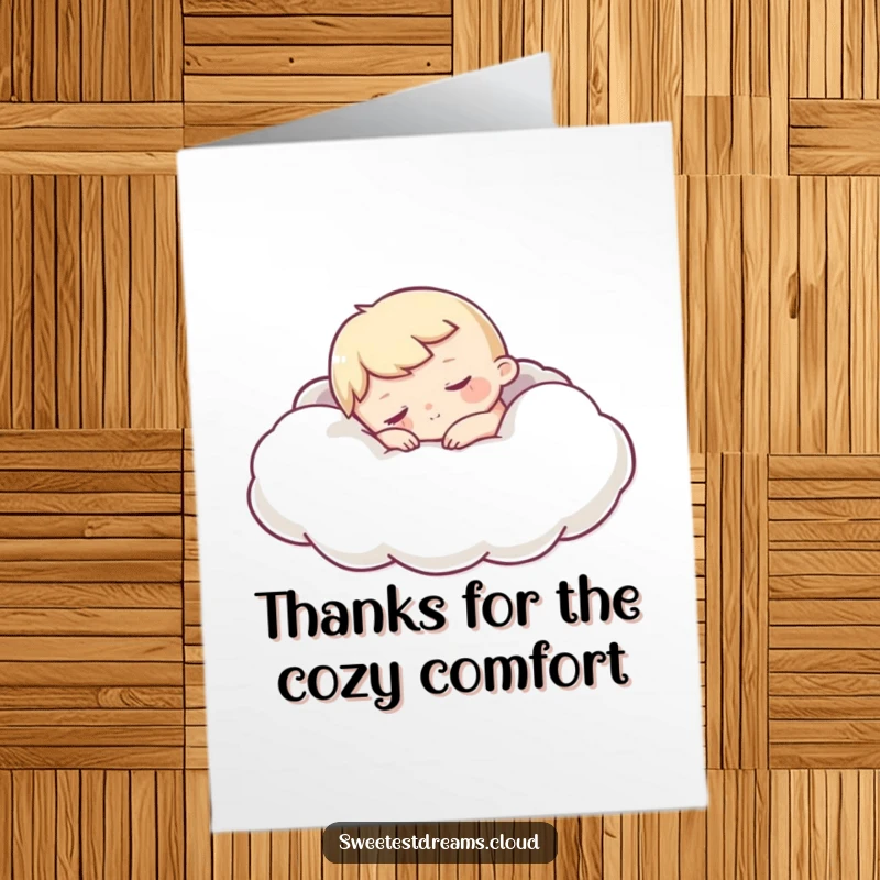 Funny Free Printable Thank You Card depicting a peaceful sleepy character cozily nestled within a luxurious, soft cloud.