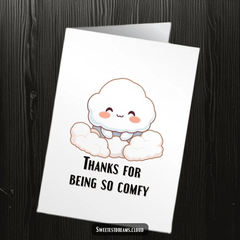Funny Free Printable Thank You Card: A cloud with a soft smile is surrounded by cozy, fluffy clouds.