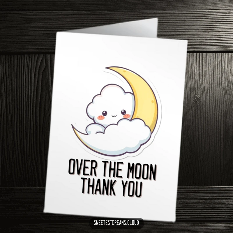 Funny Free Printable Thank You Card: A cloud peeks from behind a crescent moon, sharing a secret thank you.