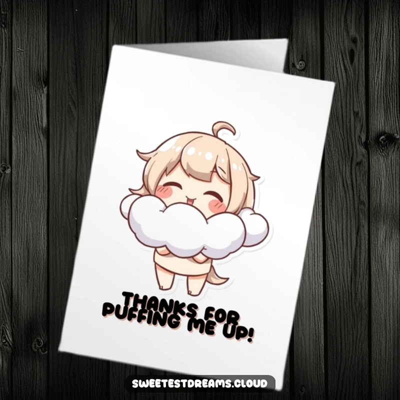 Funny Free Printable Thank You Card: Giggling character blowing fluffy cloud shapes, a cute and downloadable way to say thanks.