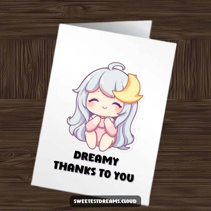 Funny Free Printable Thank You Card: Character and a sleepy moon exchange dreamy smiles.