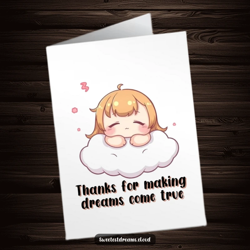 Free Printable Thank You Card: Serene kawaii character dreaming peacefully on a cloud, conveying quiet appreciation and thanks.