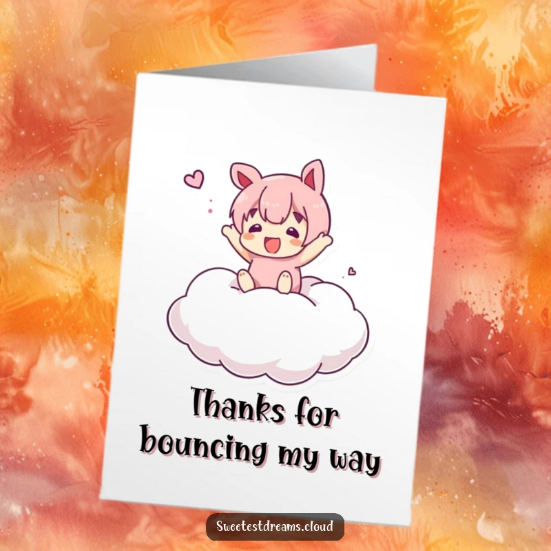 Funny Free Printable Thank You Card: Character in mid-bounce on a pillowy, marshmallow cloud.