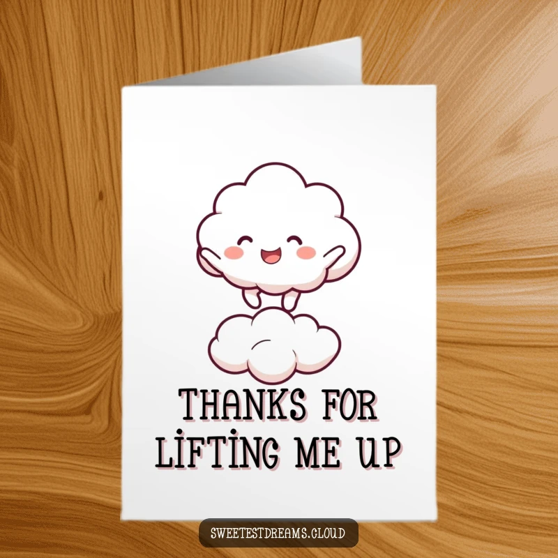 Funny Free Printable Thank You Card with a cloud character joyfully bouncing, offering cheerful thanks, a charming downloadable greeting.