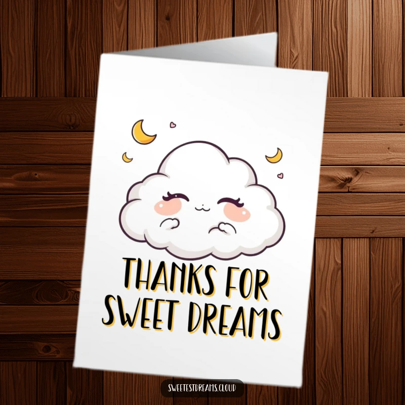 Funny Free Printable Thank You Card: A serene cloud dreams surrounded by tiny crescent moons. Gentle downloadable gift.
