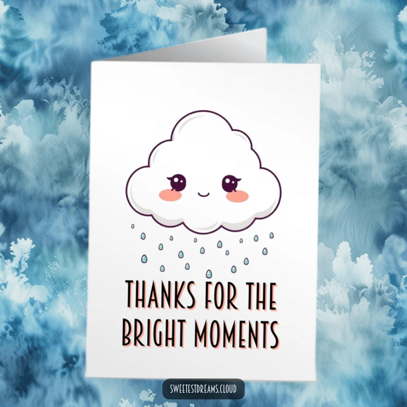 Funny Free Printable Thank You Card: A cloud character gently rains sparkling drops, conveying heartfelt thanks.