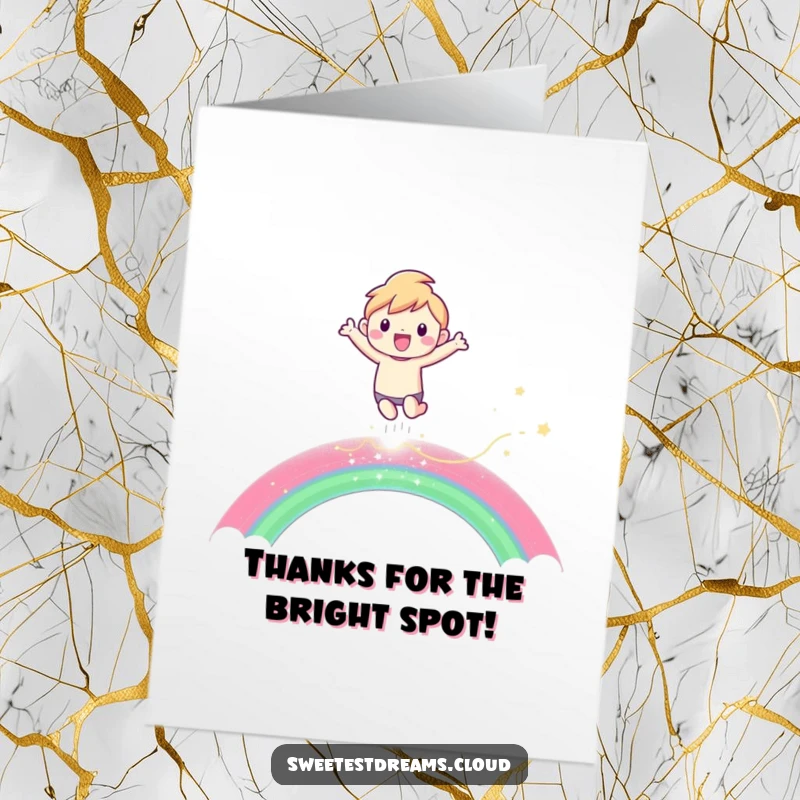 Funny Free Printable Thank You Card: Character leaping joyfully over a shimmering rainbow, a colorful and downloadable thank you.