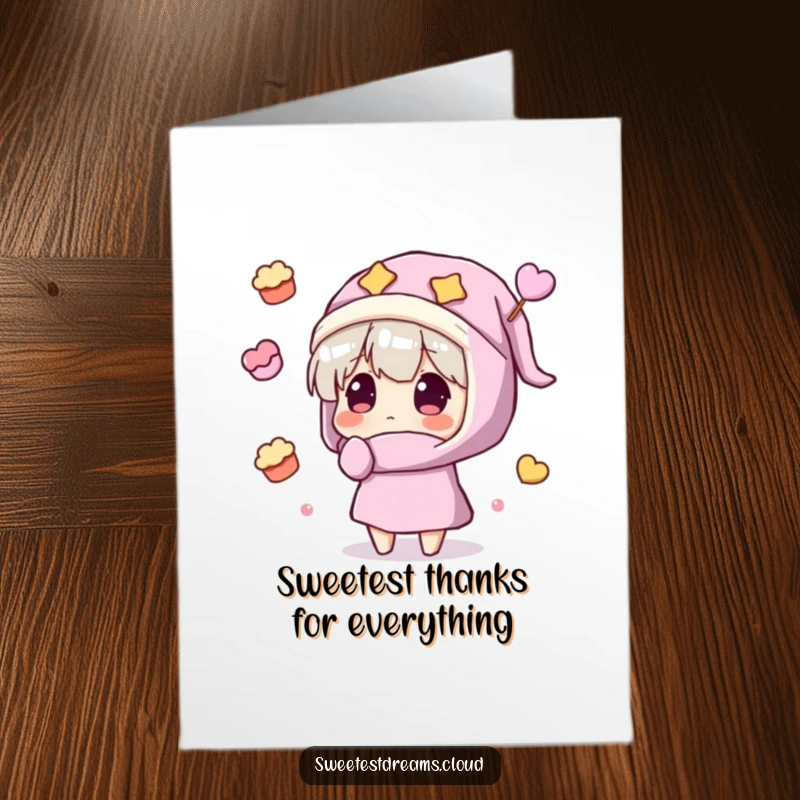 Funny Free Printable Thank You Card: Character in a nightcap marvels at a cascade of floating sweets.