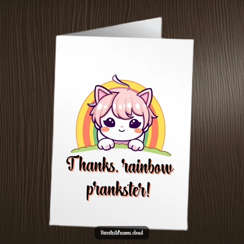 Funny Free Printable Thank You Card: A character with a mischievous grin peeks from behind a rainbow, offering thanks with humor, a downloadable gift.