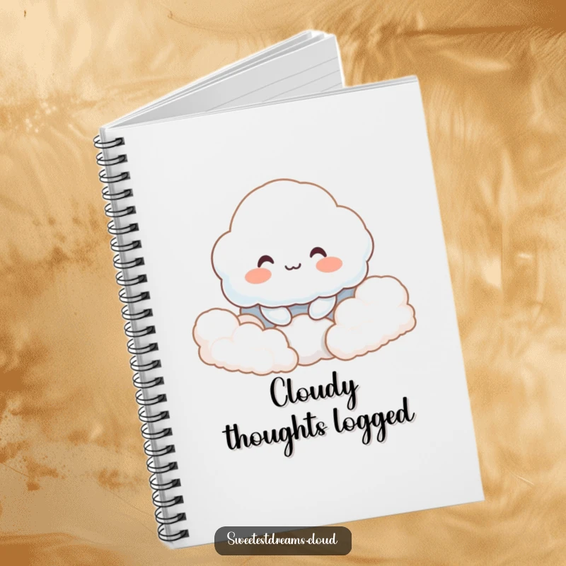 Funny notebook featuring a smiling cloud character nestled in fluffy clouds, perfect for writing down peaceful thoughts and ideas.