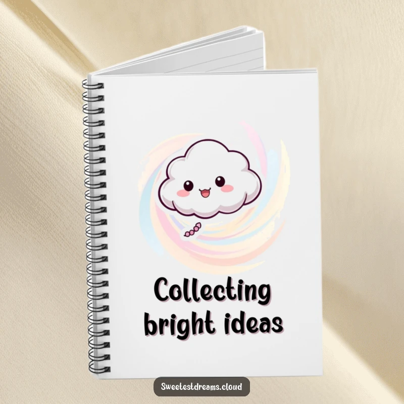 Funny notebook with a whimsical cloud character in a cheerful pastel color swirl, great for journaling or note-taking.