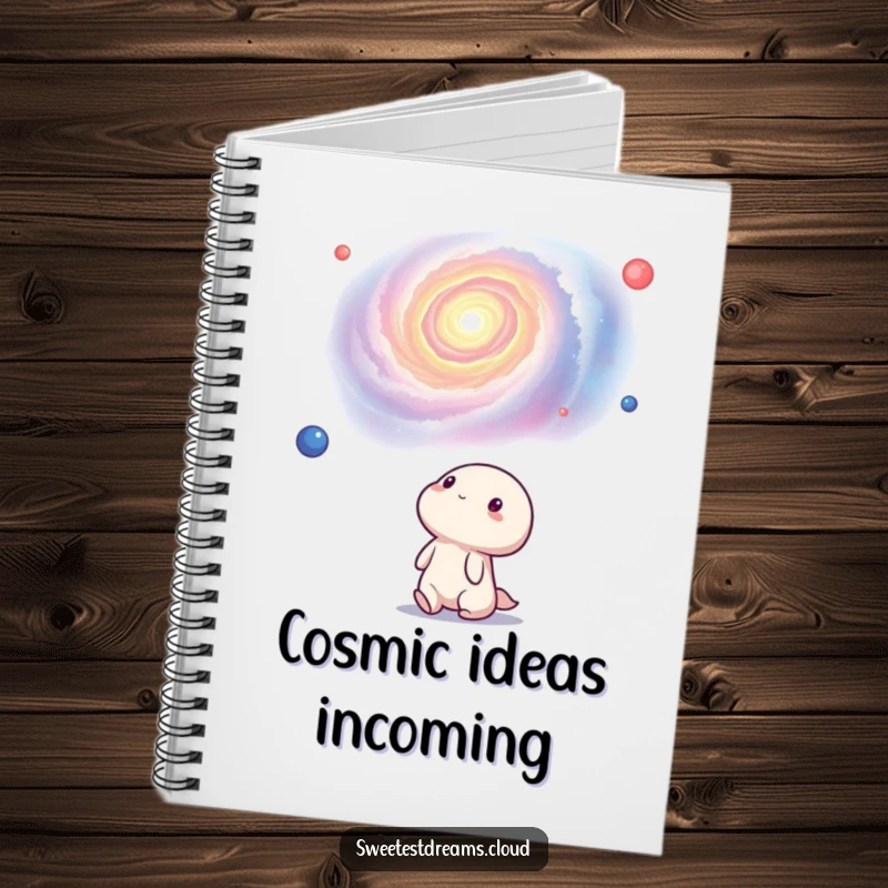 Funny kawaii character writing in a notebook, looking thoughtfully at a swirling nebula. This notebook is a humorous cosmic gift.
