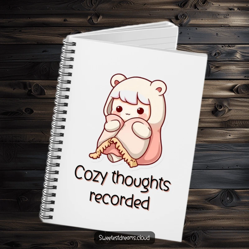 Funny kawaii character notebook featuring a cute character holding a warm blanket, looking cozy and perfect for journaling.