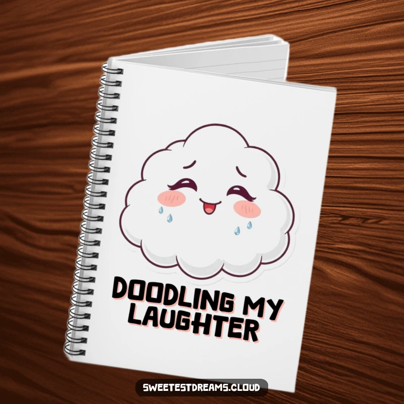 Funny giggling cloud notebook with a happy cloud character shedding glittering tears of joy, ideal for journaling.