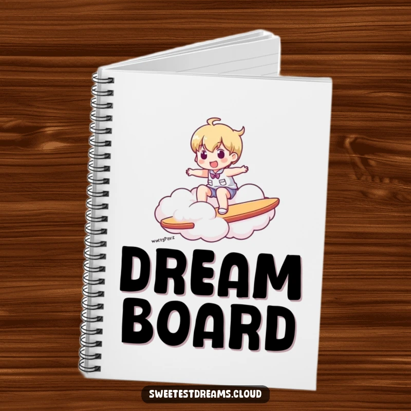 Funny notebook design of a character surfing on a cloud, ideal for jotting down adventures and ideas.