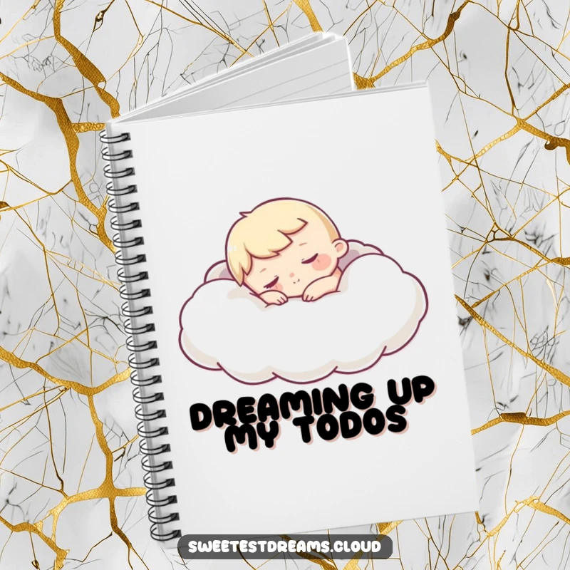 Funny Sleepy Character Notebook with a cover showing a character snuggling into a cloud, ideal for journaling funny thoughts and cozy ideas.