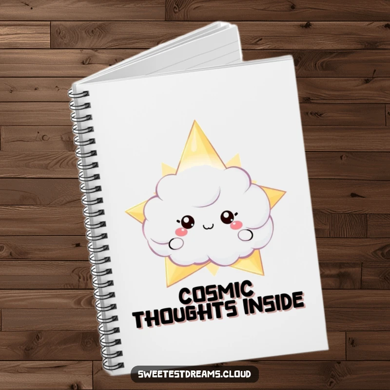 Funny notebook featuring a cloud character peeking from behind a shimmering star, designed for jotting down brilliant ideas.
