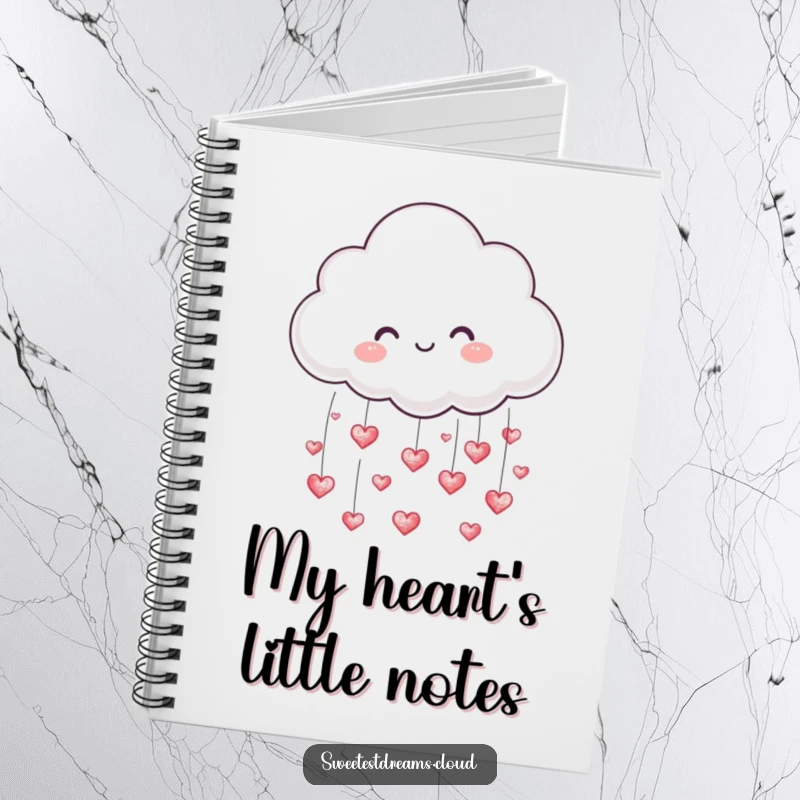 Funny notebook with a cute cloud character raining tiny, shimmering hearts, great for notes and journaling.