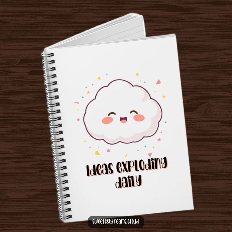 Funny notebook with a giggling cloud character tossing confetti, ideal for jotting down festive plans and ideas.