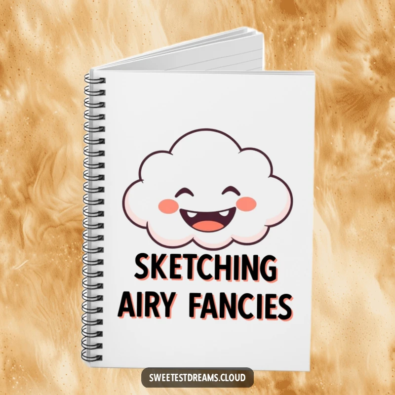 Funny Notebook with a grinning cloud character blowing whimsical shapes, ideal for journaling creative and fun ideas.