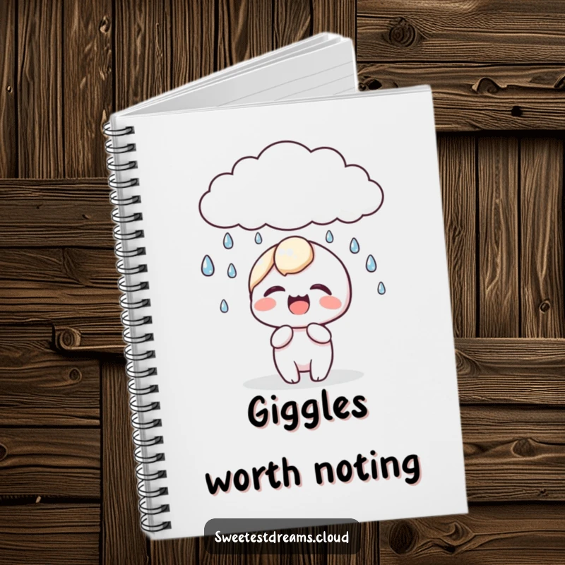 Funny kawaii character notebook showing a cute character giggling as dewdrops fall from a cloud, perfect for happy journaling.