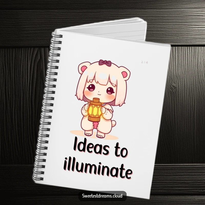 Funny kawaii character notebook showing a cute character holding a miniature glowing lantern, perfect for inspired note-taking.