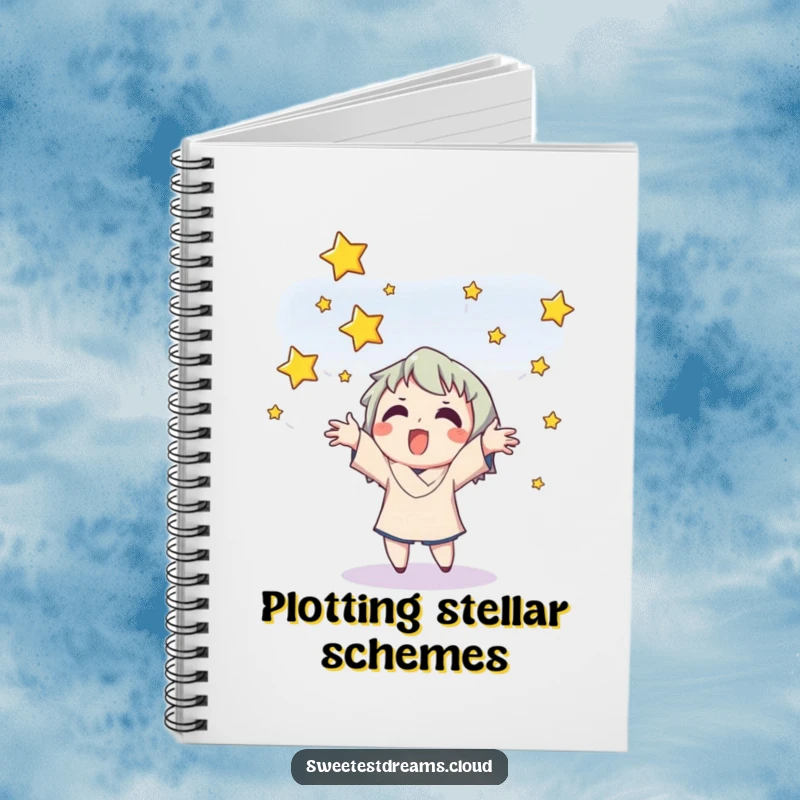 Funny notebook design of a character catching falling stars, ideal for journaling and creative writing.