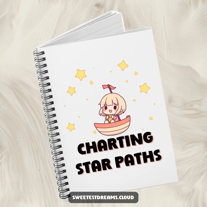 Funny notebook design of a character sailing through a star-filled sky, ideal for journaling and creative exploration.