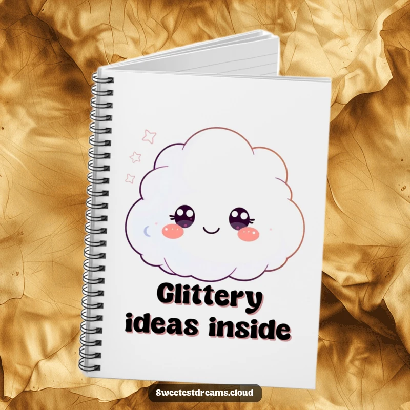 Funny notebook with a fluffy cloud character blowing glitter, inspiring whimsical writing and imaginative storytelling.