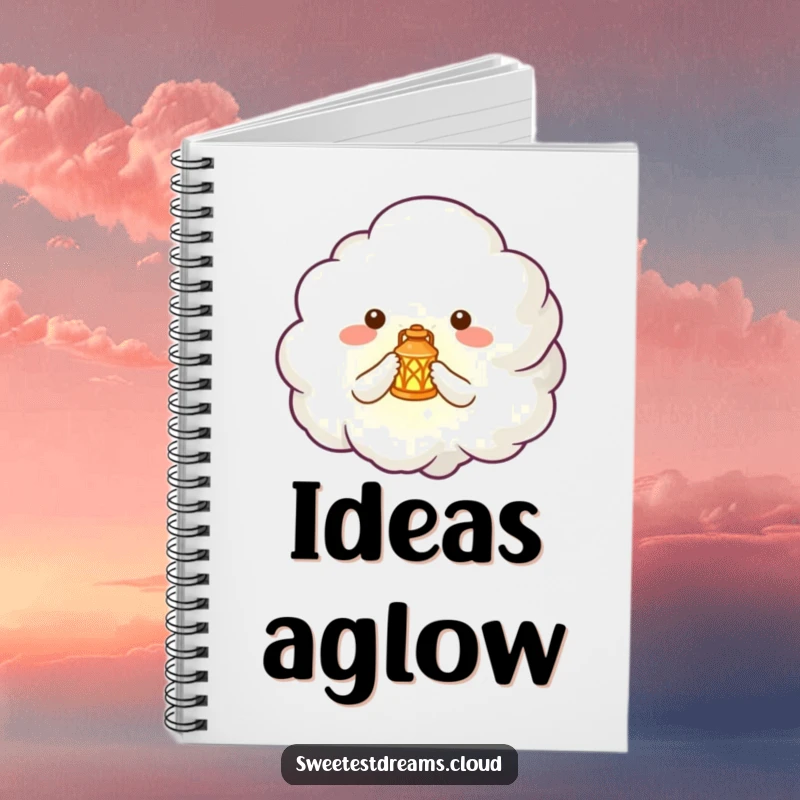 Funny notebook with a cute cloud creature holding a tiny, glowing lantern, ideal for journaling dreams.
