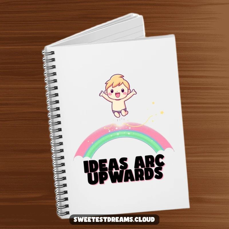 Funny Notebook with a character joyfully leaping over a shimmering rainbow, perfect for notes and hopeful ideas.