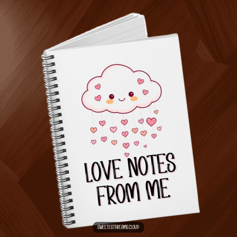 Funny Heart Cloud Notebook with a cover showing a cheerful cloud raining tiny shimmering hearts, ideal for journaling loving thoughts and funny ideas.