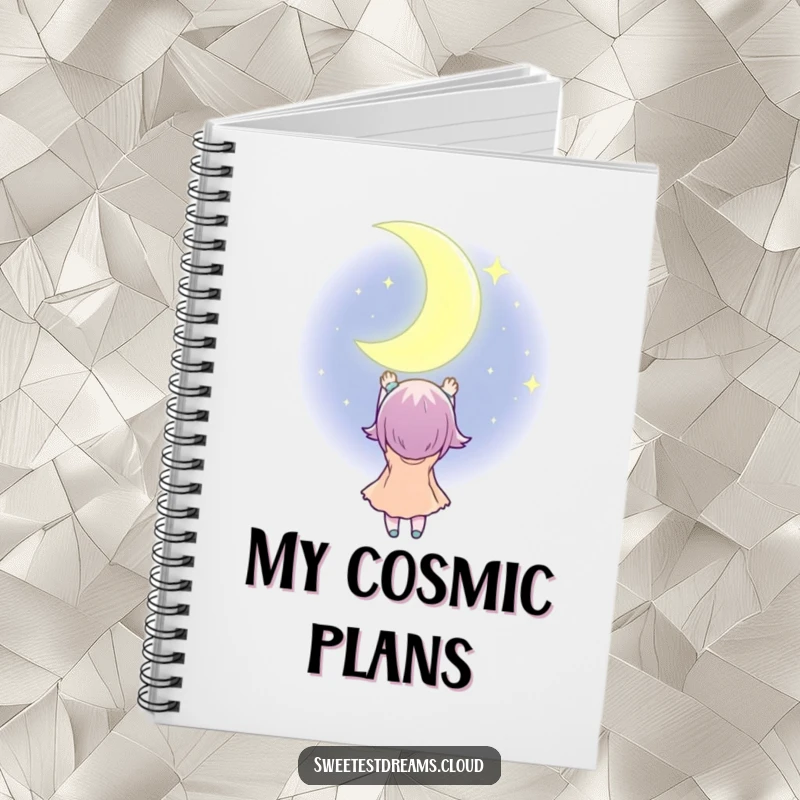 Funny Notebook with a character reaching for a twinkling crescent moon, perfect for capturing ideas with a humorous, dreamy vibe.