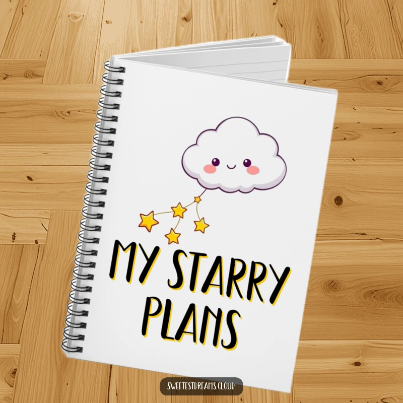 Funny notebook featuring a cloud character being pulled by stars, designed for capturing magical ideas and creative thoughts.
